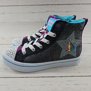 Skechers Twinkle Toes Girls Size 3 Light Up Black Glitter Patches Sneakers Shoes
